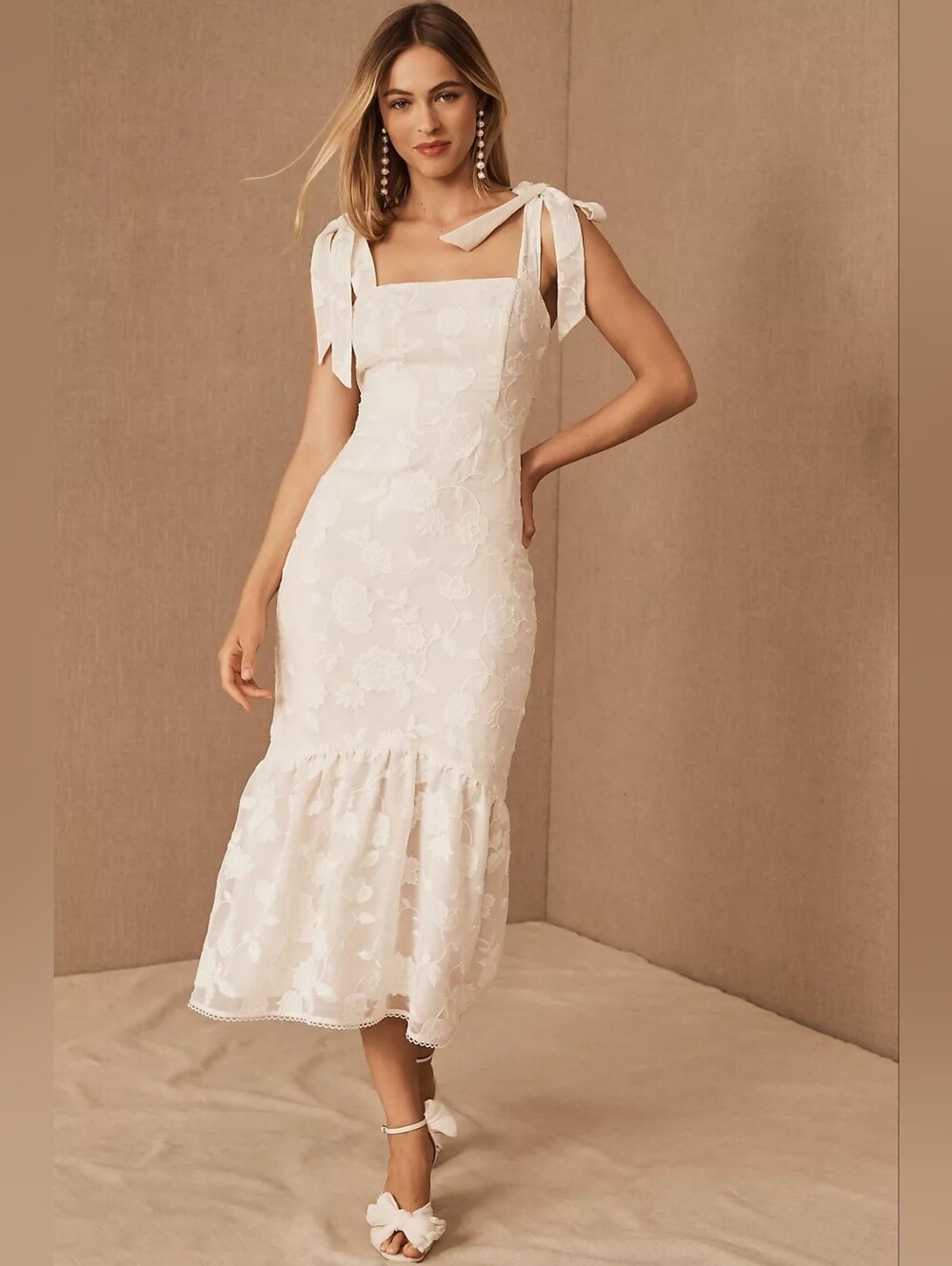 Anthropologie Mestiza Size 8 Ivory Floral Tie-Shoulder Midi Dress
